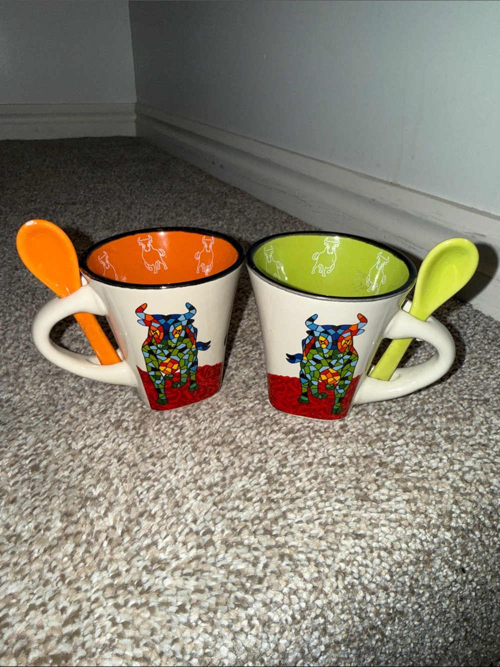 Colorful ole Mosaic Cow Ceramic Mug with Spoon - Green & Orange| set of 2
